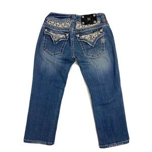 Miss Me Blue Cropped Jeans with White Embroidery